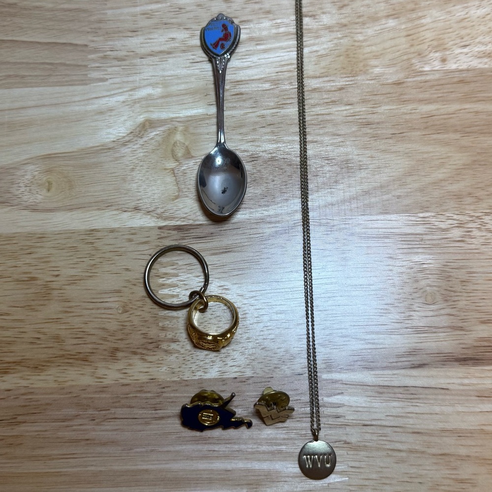 West Virginia WVU Collectible Souvenir Lot Flying WV Keychain Pins Necklace